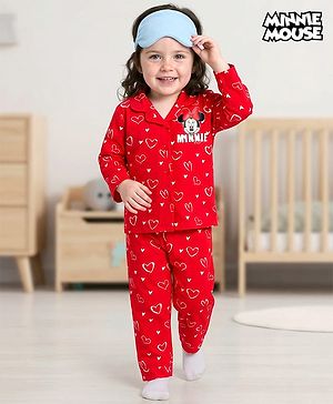 Babyhug Disney Single Jersey Knit Full Sleeves Co-ords Night Suit with Minnie Mouse Graphic - Red