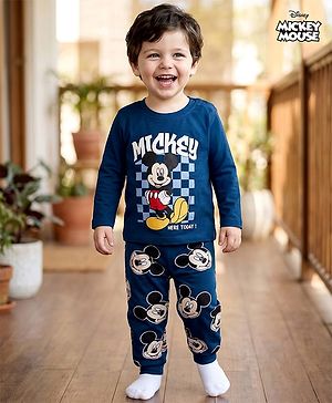 Babyhug Disney Single Jersey Knit Full Sleeves Night Suite with Mickey Mouse Graphic - Navy Blue