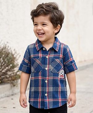 Babyhug Cotton Woven Full Sleeves Checks Shirt With Football Patch - Blue