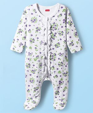 Babyhug Cotton Knit Full Sleeves Front Open Sleep Suit with Floral Print - White