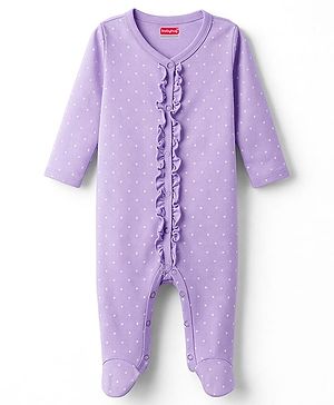 Babyhug Cotton Knit Full Sleeves Sleepsuit With Polka Dot Print - Lavender