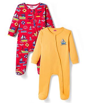 Babyhug Cotton Knit Full Sleeves Front Open Sleep Suits with Nautical Theme Print Pack of 2 - Red & Mustard