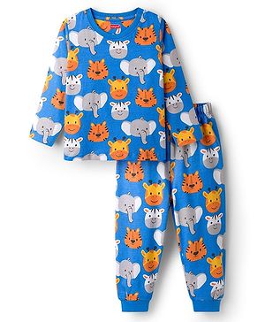 Babyhug Cotton Knit Full Sleeves Co-Ord Night Suit with Animal Print - Blue