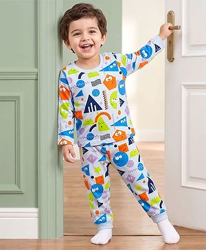 Babyhug Cotton Knit Full Sleeves Co-ord Night Suit With Shapes Print - Blue & White