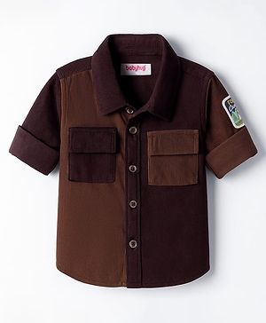 Babyhug Cotton Woven Full Sleeves Cut & Sew Design Solid Corduroy Shirt With Text Patch - Brown