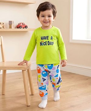 Babyhug Cotton Knit Full Sleeves Night Suit With Text Print - Green