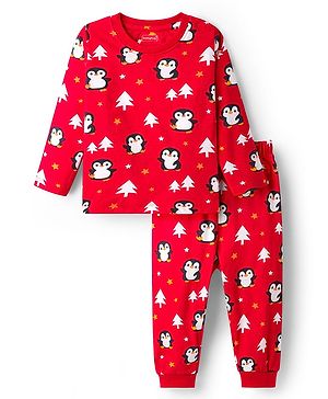 Babyhug Cotton Knit Full Sleeves Co-Ord Night Suit with Penguin Print - Red