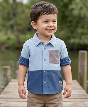Babyhug Cotton Woven Full Sleeves Shirt With Cut & Sew Solid Corduroy Shirt Design - Blue