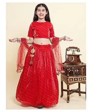 Piccolo Tissue Woven Half Sleeves Leheriya Printed Tassels Detailed Lehenga Choli With Dupatta Set - Red