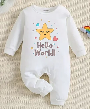 KNITROOT Cotton Knit Full Sleeves
                              Hello World Text Printed Romper - White