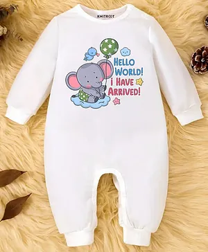 KNITROOT Cotton Knit Full Sleeves
                              Hello World I Have Arrived Text Printed
                              Romper - White