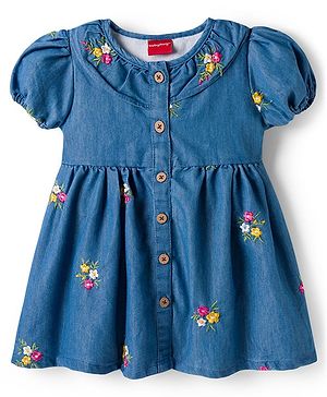 Babyhug Denim Woven Half Puffed Sleeves Frock with Floral Embroidery - Blue
