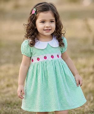 Babyhug Cotton Woven Half Sleeves Peter Pan Collar Frock with Strawberry Embroidery - Sea Green