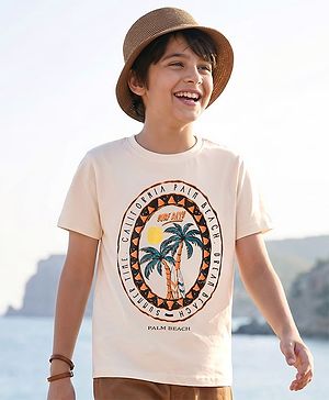 Pine Kids Cotton Knit Half Sleeves T-Shirt With Surfing Print - White