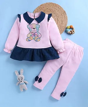 TOONYPORT Cotton Knit Full Sleeves
                              Teddy Patch Detailed Sequins Embellished
                              Top With Pant Set - Pink
