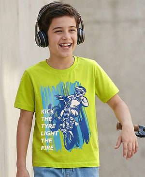 Pine Kids 100% Cotton Knit Half Sleeves Bike Printed T-Shirt - Lime Green