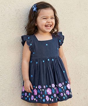 Babyhug Cotton Woven Frill Sleeves Frock With Floral Embroidery - Navy Blue