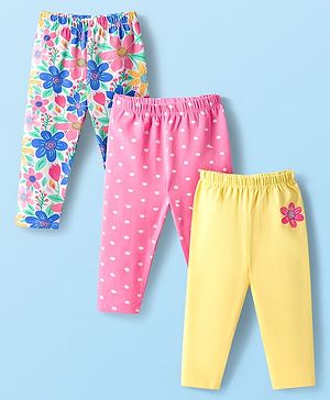 Babyhug Cotton Lycra Knit Full Length Floral & Polka Dots Printed Leggings Pack Of 3 - Multicolour