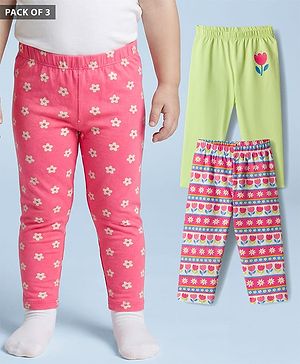 Babyhug Cotton Lycra Knit Full Length Leggings With Floral Print Pack Of 3 - Pink Lime Green & White
