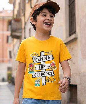 Pine Kids Cotton Knit Half Sleeves T-Shirt With Text Print - Golden
