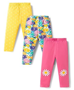 Babyhug Cotton Lycra Knit Full Length Leggings with Floral Print Pack of 3 - Multicolor