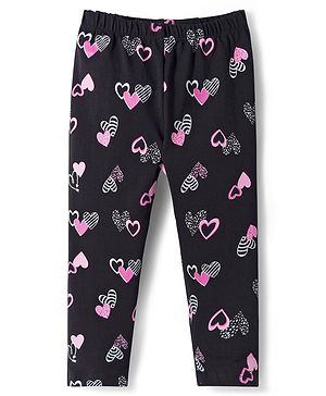 Babyhug Cotton Lycra Knit Full Length Leggings With Heart Print - Black