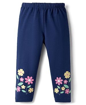 Babyhug Cotton Lycra Knit Full Length Leggings with Floral Print  - Navy Blue
