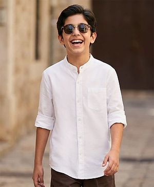 Pine Kids 100% Cotton Woven Full Sleeves Mandarin Collar Solid Shirt - White