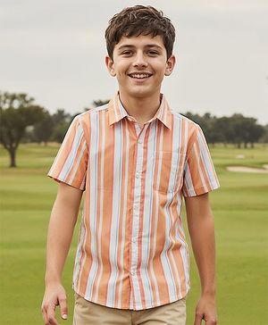 Pine Kids Cotton Woven Half Sleeves Shirt With Stripes - Orange