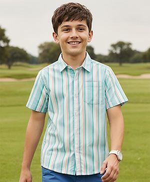 Pine Kids Cotton Woven Half Sleeves Shirt With Stripes - Light Blue