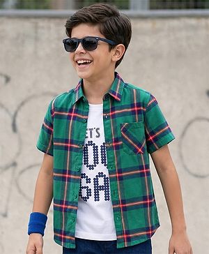 Pine Kids Cotton Woven Half Sleeves Checks Shirt With Text Printed T-Shirt - Green
