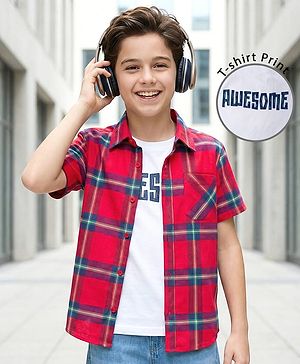 Pine Kids Cotton Woven Half Sleeves Checks Shirt With Text Printed T-Shirt - Red