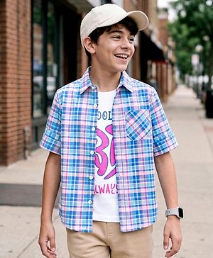 Pine Kids Cotton Woven Half Sleeves Checks Shirt With Printed T-Shirt - Blue