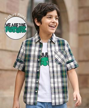 Pine Kids Cotton Woven Full Sleeves Checks Shirt With Printed T-Shirt - Green & White