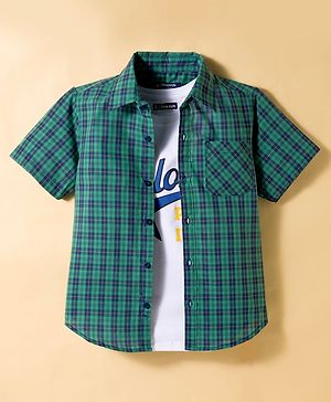 Pine Kids Cotton Woven Half Sleeves Checks Shirt With Printed T-Shirt - Sea Green & White
