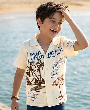 Pine Kids Cotton Knit Half Sleeves Resort Collar Shirt With Beach Theme Print - Off White
