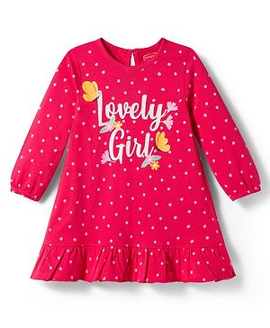 Babyhug Cotton Knit Full Sleeves Nighty with Polka Dot & Text Print - Red