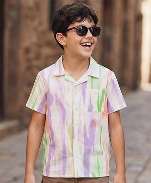 Pine Kids Cotton Woven Half Sleeves Printed Shirt - White