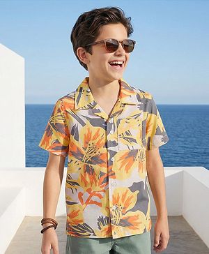 Pine Kids Cotton Woven Half Sleeves Shirt with Floral Print - Beige