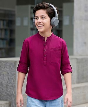Pine Kids Cotton Woven Full Sleeves Mandarin Collar Solid Colour Shirt - Maroon