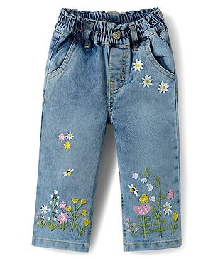 Bonfino Woven Full Length Barrel Fit Washed Denim Jeans With Floral Embroidery - Light Blue