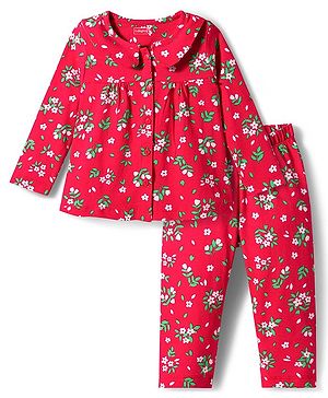 Babyhug Cotton Knit Full Sleeves Co-ord Night Suit With Floral Print - Red