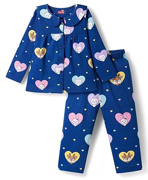 Babyhug Cotton Knit Full Sleeves Co-ord Night Suit With Kitty & Heart Print - Navy Blue
