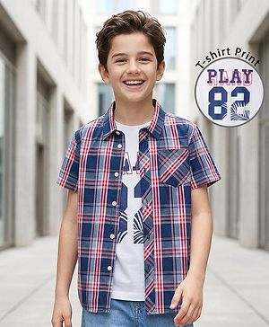 Pine Kids Cotton Woven Half Sleeves Checkered Shirt With T-Shirt - Multicolour