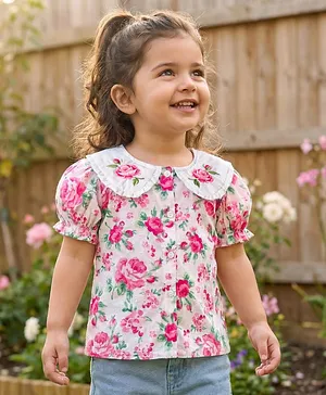 Babyhug Cotton Woven Half Sleeves Top With Floral Print - White