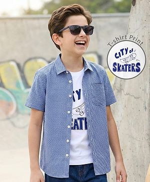 Pine Kids Cotton Woven Half Sleeves Checks Shirt With Inner Tee - Blue
