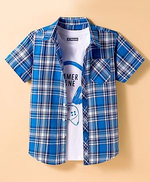 Pine Kids Cotton Woven Half Sleeves Checks Shirt With T-Shirt - Blue