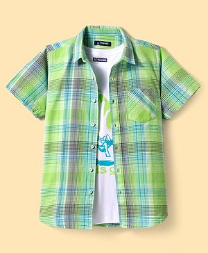 Pine Kids Cotton Woven Half Sleeves Checks Shirt With Text Printed T-Shirt - Green