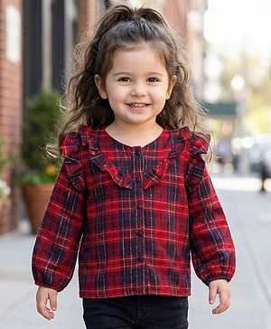 Babyhug Cotton Lurex Woven Full Sleeves Top With Checks & Frill Detailing - Red