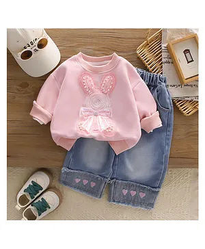 POP STREET KIDS Cotton Knit Full
                              Sleeves Teddy Printed Light Winter
                              Sweatshirt With Denim Pants Set - Pink